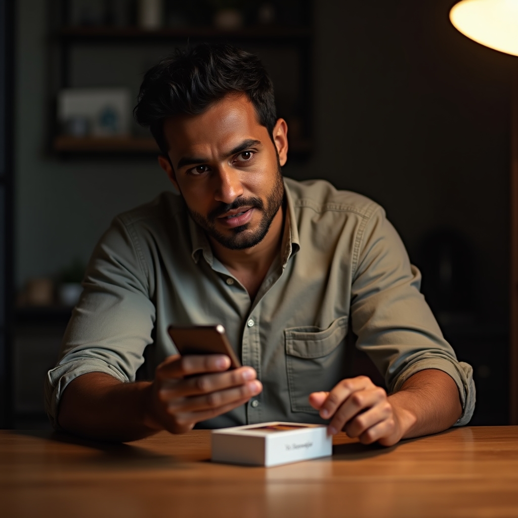 A person comparing an older smartphone with a new model on a wooden table under warm lamp light