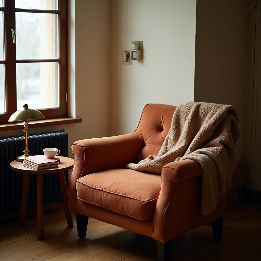 A calm reading nook with a folded blanket, a lit lamp, and a small stack of notebooks on the floor