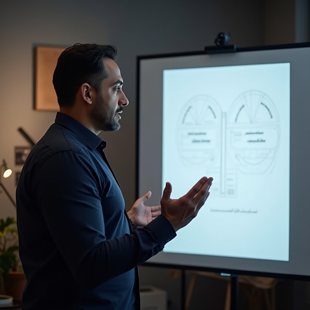 A facilitator in his forties gesturing toward a presentation screen showing a simple diagram during an online session